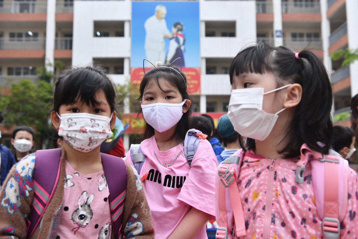 Học sinh khối 1 được tập trung tại sân trường cùng giáo viên chủ nhiệm sau đó mới quay về lớp học.