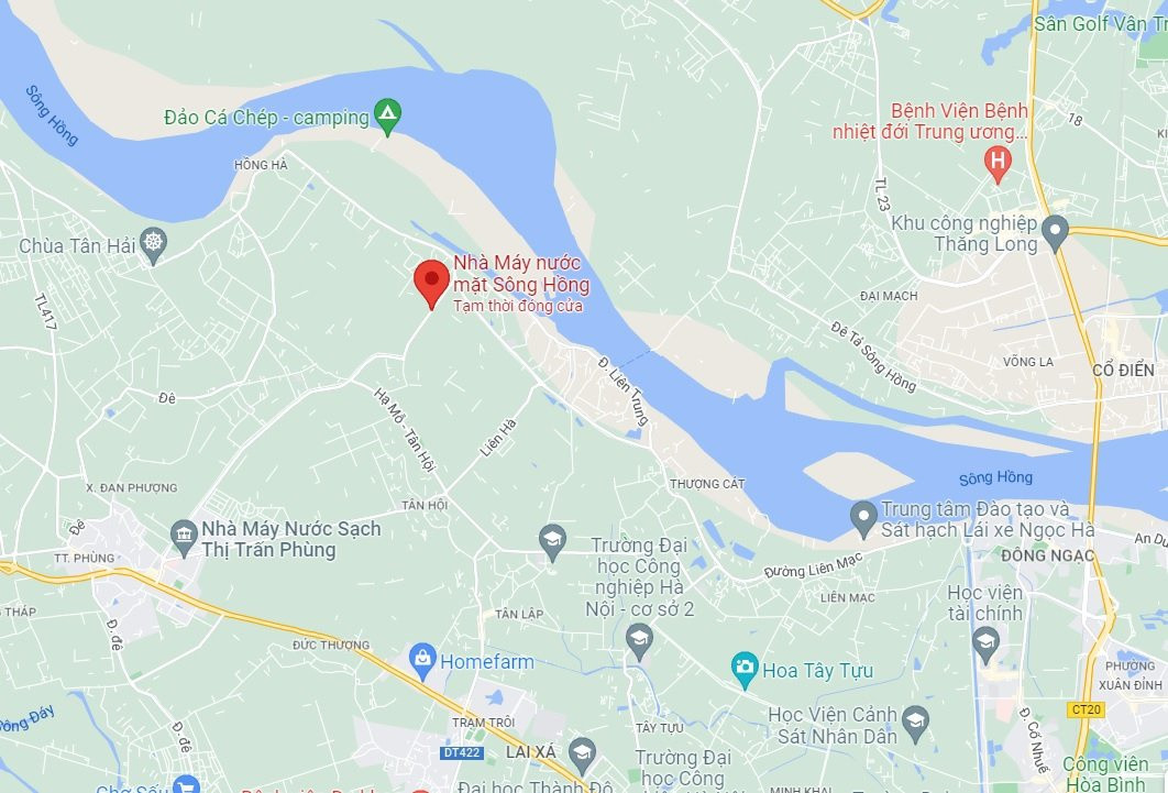 Dự án Nhà máy nước mặt sông Hồng nằm ở địa phận xã Liên Hồng, huyện Đan Phượng. Ảnh: Google Maps.