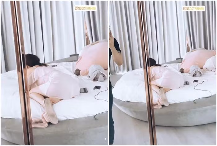 Trong một lần Vũ Khắc Tiệp quay clip "check-in" phòng ngủ Ngọc Trinh, dân mạng phát hiện đôi dép cũ rích, đen ngòm của chân dài 8X.