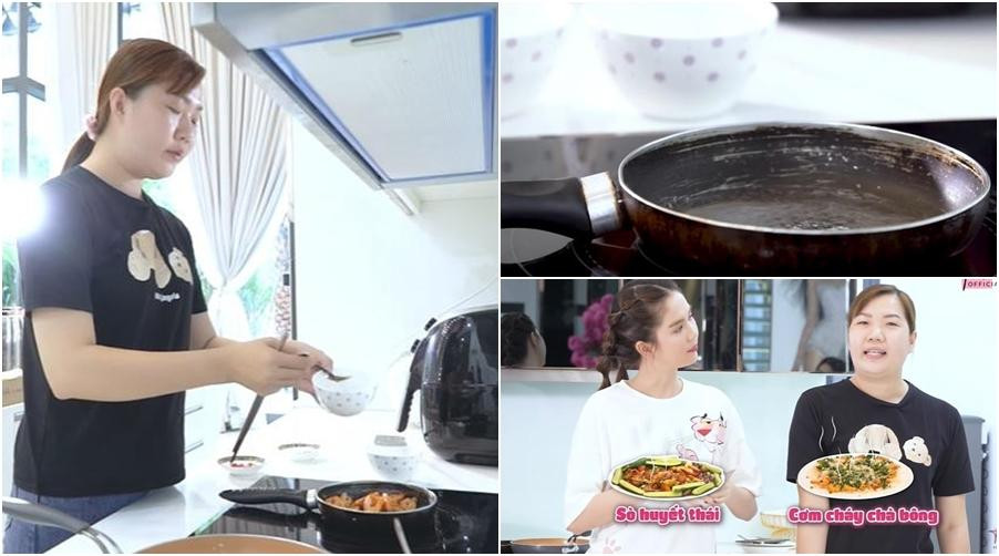 Tung Vlog nấu ăn nhưng Ngọc Trinh bị phát hiện sử dụng một chiếc chảo cũ kỹ. Món đồ thậm chí cũ đến nỗi bị bong tróc lớp chống dính, gỉ sét vàng ố, chẳng khác "đồ đồng nát".