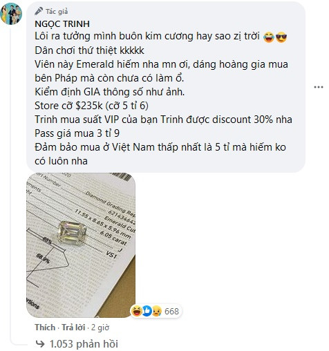 Topic bán hàng của người đẹp trở thành nơi buôn kim cương hay gì? Viên kim cương nhỏ xinh này cũng có giá 3,9 tỷ đồng.