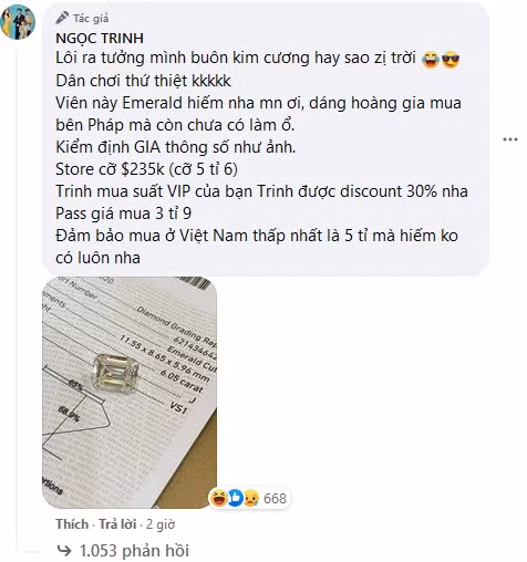 Topic bán hàng của người đẹp trở thành nơi buôn kim cương hay gì? Viên kim cương nhỏ xinh này cũng có giá 3,9 tỷ đồng.