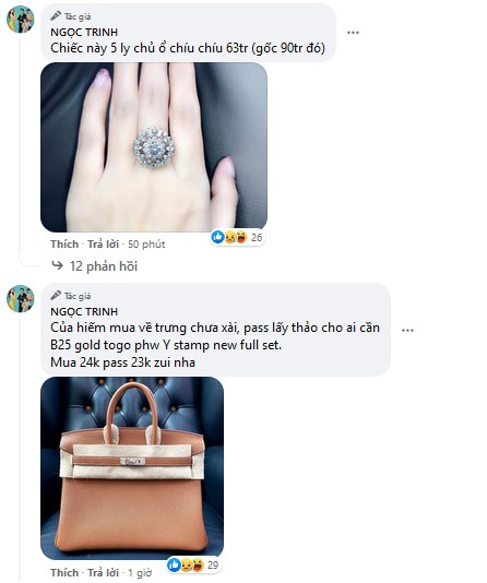 Chiếc nhẫn kim cương Ngọc Trinh pass 63 triệu đồng còn chiếc túi Hermes màu camel thanh lý vui 530 triệu đồng. Theo đó, dưới bài đăng, Ngọc Trinh đăng hầu hết là kim cương, túi và đồng hồ thuộc các thương hiệu đình đám trên thế giới như Hermès, Rolex, Gucci... Giá sương sương một món toàn tiền tỷ, còn tính qua qua tổng những thứ chân dài "pass" cũng lên đến vài chục tỷ đồng ngang cả căn biệt thự. Thanh lý đồ thế này, ai chơi lại Ngọc Trinh?