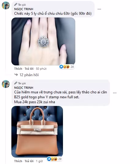 Chiếc nhẫn kim cương Ngọc Trinh pass 63 triệu đồng còn chiếc túi Hermes màu camel thanh lý vui 530 triệu đồng. Theo đó, dưới bài đăng, Ngọc Trinh đăng hầu hết là kim cương, túi và đồng hồ thuộc các thương hiệu đình đám trên thế giới như Hermès, Rolex, Gucci... Giá sương sương một món toàn tiền tỷ, còn tính qua qua tổng những thứ chân dài "pass" cũng lên đến vài chục tỷ đồng ngang cả căn biệt thự. Thanh lý đồ thế này, ai chơi lại Ngọc Trinh?