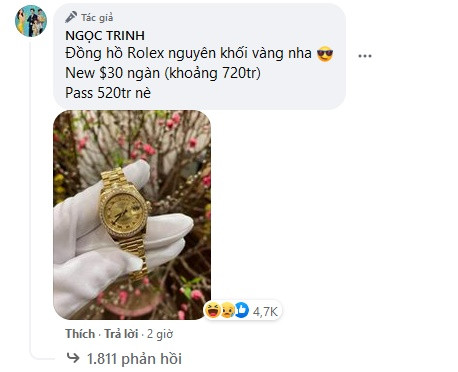 Chiếc đồng hồ Rolex mà nhiều người mơ ước, Ngọc Trinh thanh lý từ 720 triệu đồng xuống 520 triệu đồng.