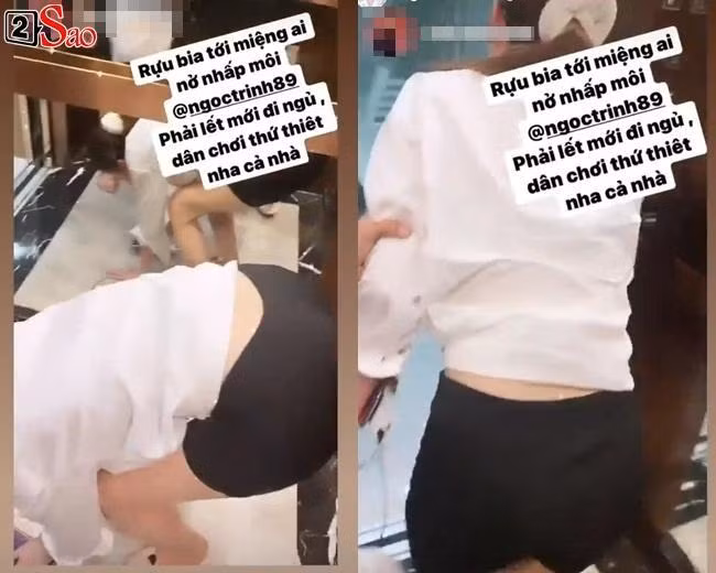 Bước vào thang máy để tiến lên phòng ngủ, Ngọc Trinh ngồi bệt ôm mặt, thậm chí phải lết ở lối ra, có người nâng đỡ.