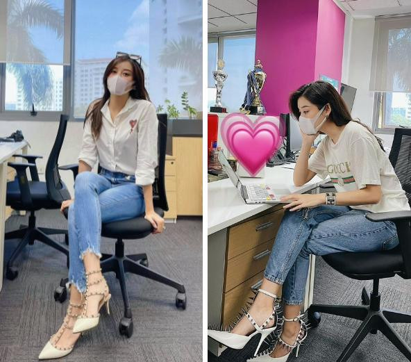 Ngoài những lúc dẫn sóng, Á hậu Huyền My chọn mặc đơn giản với style công sở để lên văn phòng như bao cô gái khác. Nàng hậu khéo léo biến những set đồ công sở nhàm chán trở nên bắt mắt và thời thượng hơn hẳn. Những item đi làm đơn giản như áo thun, quần jeans đều được thổi một làn gió mới với các phụ kiện hàng hiệu.