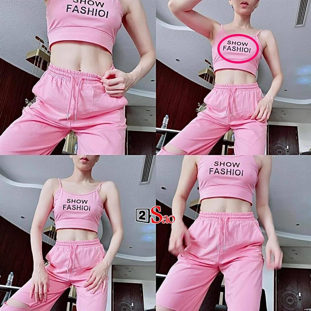 Quần áo mặc đi diễn, đi chơi có thể là hàng hiệu nhưng đồ tập của Lệ Quyên có khi lại là hàng chợ với font chữ sai chính tả lù lù thế này đây.