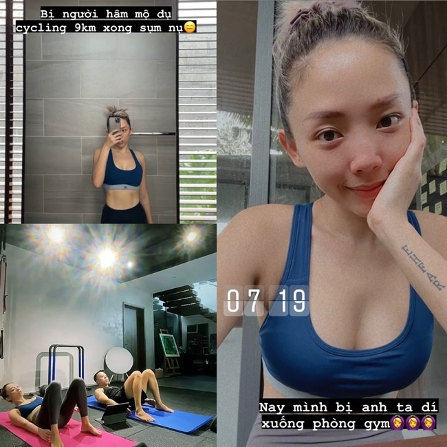 Cô năng động trong bộ đồ tập màu xanh quen mắt cùng kiểu dáng. .