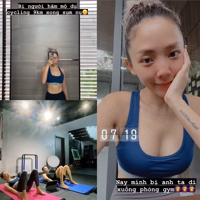 Cô năng động trong bộ đồ tập màu xanh quen mắt cùng kiểu dáng. .