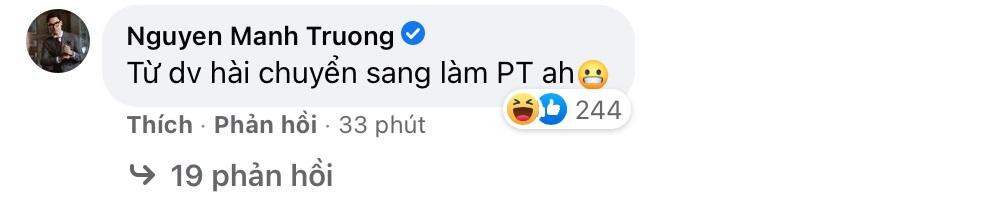 Ngay cả Mạnh Trường cũng vào “cà khịa” nhưng đồng thời khen khéo vợ: “Từ diễn viên hài chuyển sang làm PT (huấn luyện viên cá nhân) à”.