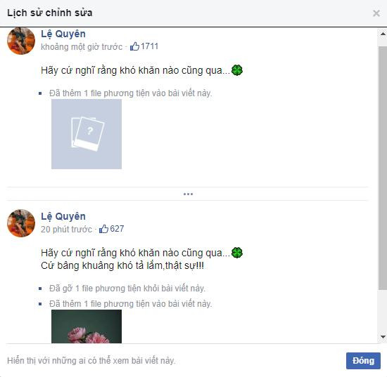 Nhưng mặt khác, trước sự soi mói của dân mạng, Lệ Quyên đã chỉnh sửa bài đăng tới 3 lần. Từ ảnh tạo dáng "lạ lùng", cô đổi sang ảnh bình hoa, sau đó lại gỡ đi, thay bằng ảnh "tự sướng" khác.