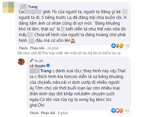 Trò chuyện với những người hâm mộ bênh vực mình, Lệ Quyên mắng một nhóm đối tượng công kích cô là "tởm", "thần kinh".