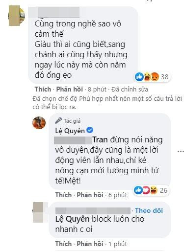 Lệ Quyên cãi tay đôi với những tài khoản chỉ trích.