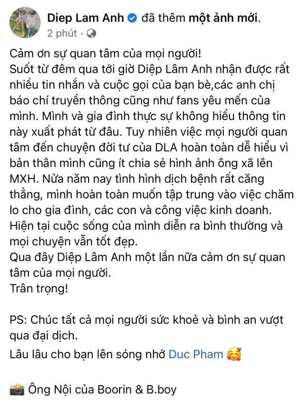 br/> Mới đây, cộng đồng mạng xôn xao trước tin đồn Diệp Lâm Anh bí mật ly hôn chồng thiếu gia sau 3 năm chung sống. Trước thông tin này, nữ dancer trực tiếp lên tiếng trên trang cá nhân. "Nửa năm nay tình hình dịch bệnh rất căng thẳng, mình hoàn toàn muốn tập trung vào việc chăm lo cho gia đình, các con và công việc kinh doanh. Hiện tại cuộc sống của mình diễn ra bình thường và mọi chuyện vẫn tốt đẹp", Diệp Lâm Anh chia sẻ.
