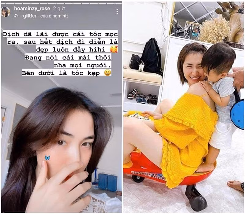 Không chỉ có tóc búi, Hòa Minzy còn thích F5 mái tóc ngắn của mình bằng các kiểu tóc kẹp, từ thẳng đến xoăn rất bắt mắt