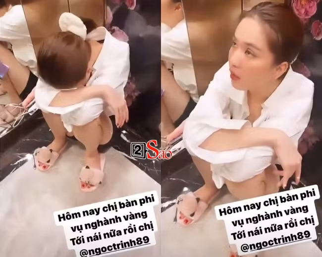 Bước vào thang máy để tiến lên phòng ngủ, Ngọc Trinh ngồi bệt ôm mặt, thậm chí phải lết ở lối ra, có người nâng đỡ.