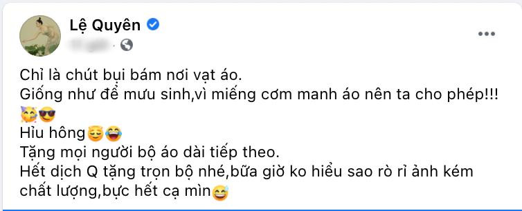Trước vô số lời chê bai, Lệ Quyên cảm thấy "bực hết cả mình" vì rò rỉ ảnh kém chất lượng và hứa hẹn tặng trọn bộ ảnh chất lượng cao khi đã hết dịch.