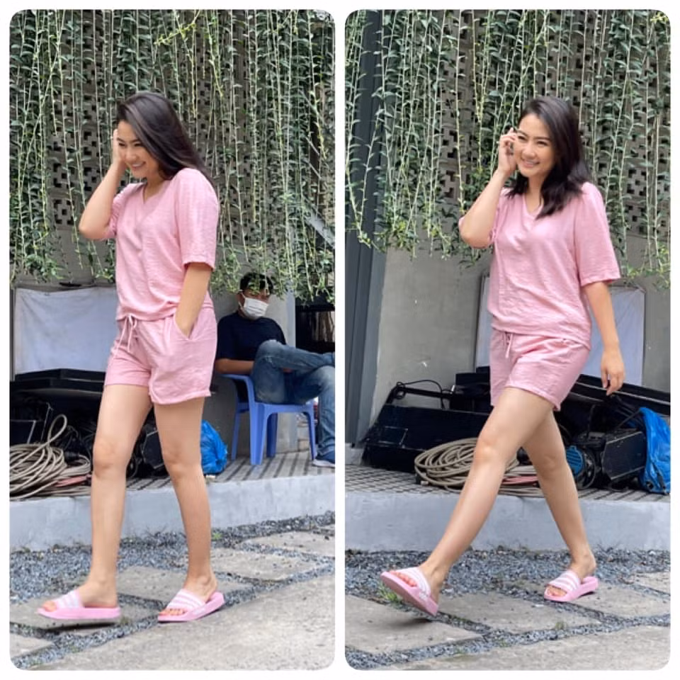 Ngọc Lan mặc "cây" đồ ngủ màu hồng.