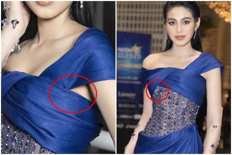 Tuy nhiên, cô nàng đã bị soi ra điểm thiếu tinh tế của trang phục. Ở 1 góc chụp nghiêng, vì chiếc đầm có phần nách khoét khá rộng nên có thể thấy lấp ló lớp lót màu nude này lộ ra ngoài. Đã thế ở một góc máy khác, ánh đèn flash đã chiếu tướng tới tận phần trong cùng của chiếc áo và cũng lộ rõ chiếc "phụ tùng" này.