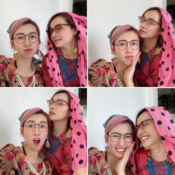 Đôi bạn thân Nhã Phương - Thúy Ngân tạo dáng nhí nhố. Cả hai trở nên thân thiết khi cùng tham gia đóng "Cây táo nở hoa".