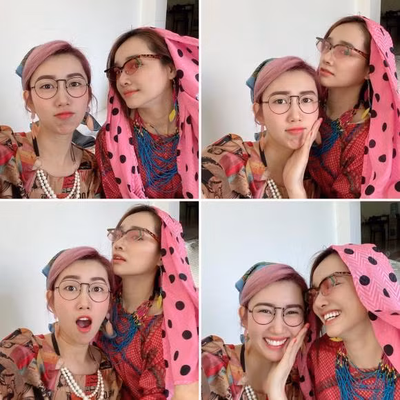 Đôi bạn thân Nhã Phương - Thúy Ngân tạo dáng nhí nhố. Cả hai trở nên thân thiết khi cùng tham gia đóng "Cây táo nở hoa".