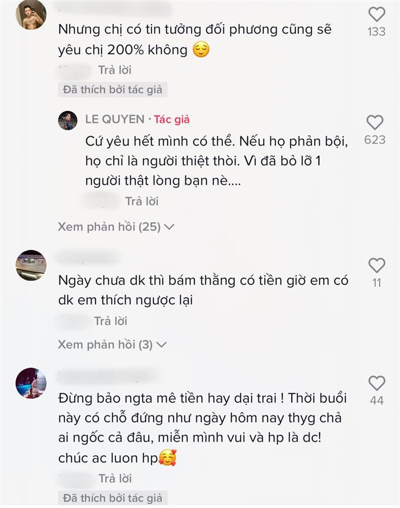 Fan cũng hỏi tài khoản đăng xem liệu có tin Lâm Bảo Châu sẽ yêu lại Lệ Quyên 200% như cô đã từng trấn an fan về chuyện tình cảm hiện tại của mình không thì nhận được câu trả lời: "Cứ yêu hết mình có thể. Nếu họ phản bội, họ chỉ là người thiệt thòi vì đã bỏ lỡ một người thật lòng".