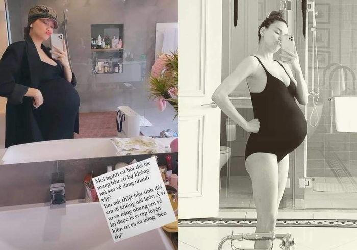 Vì từng mang bầu đôi nên vòng bụng của Hà Hồ căng to hơn hẳn những mẹ bầu khác.