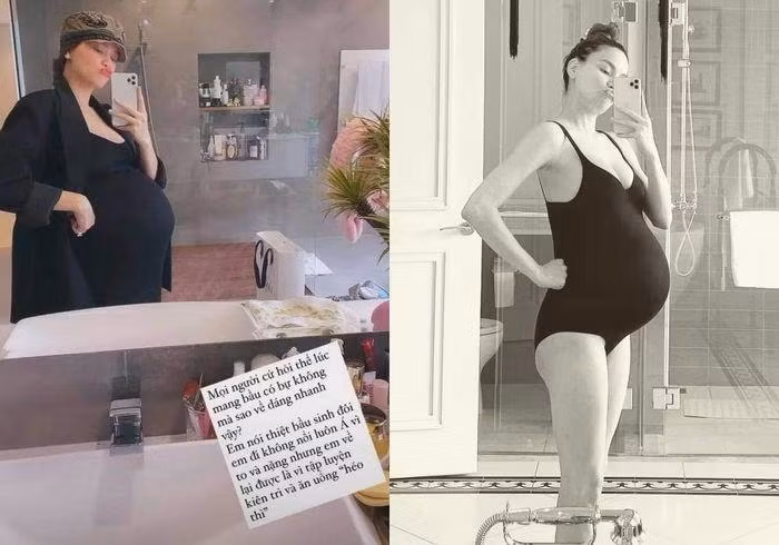 Vì từng mang bầu đôi nên vòng bụng của Hà Hồ căng to hơn hẳn những mẹ bầu khác.