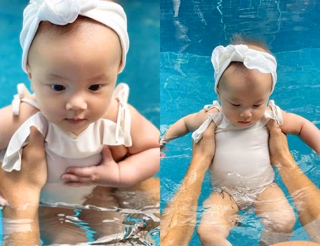 Ở nhà chăm con mùa dịch, Hồ Ngọc Hà đặc biệt yêu thích làm điệu cho con gái Lisa. Cô bé mặc bộ đồ bèo nhún điệu đà, quấn khăn turban sang chảnh ngay cả lúc đi bơi.