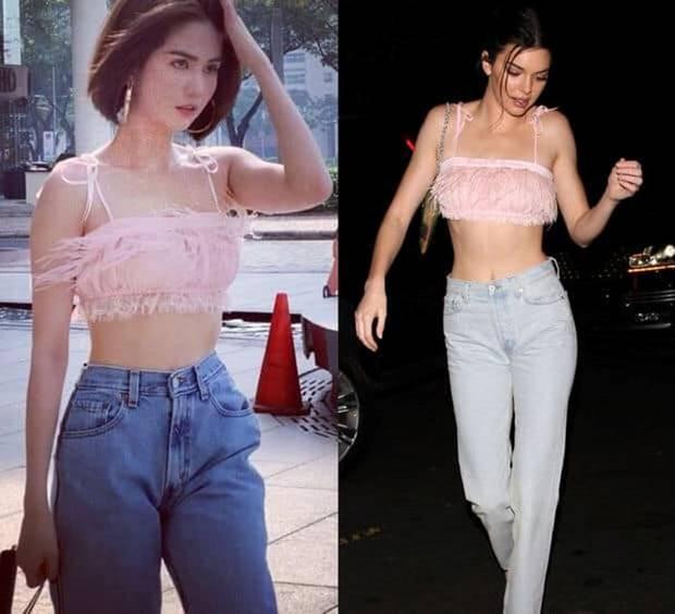 Kiểu áo croptop lông vũ màu hồng mà Kendall Jenner mặc đi chơi thì Ngọc Trinh cũng mua ngay để khoác trên mình đi dạo phố.