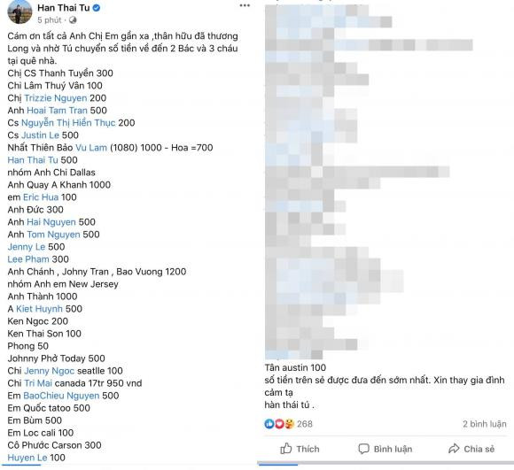 Han Thai Tu cong khai so tien phung dieu tang le Van Quang Long