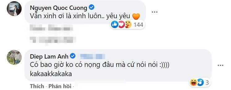 Ở dưới phần bình luận, nhiều người động viên cô và cho rằng lúc nào mẹ bỉm cũng đẹp theo một cách rất riêng. Đáng chú ý nhất là ông xã Cường Đô La cũng vào "góp vui". Từng "dìm hàng" vợ nhiều lần nhưng lần này, đại gia Phố Núi lại có lời nói làm mát lòng bà xã cực kỳ. Cường Đô La khiến bà xã không thể giận cho được khi bình luận: "Vẫn xinh ơi là xinh luôn, yêu yêu" kèm biểu tượng trái tim. Trái ngược hẳn là bình luận "cà khịa" của Diệp Lâm Anh ngay bên dưới: "Có bao giờ không nọng đâu mà cứ nói".