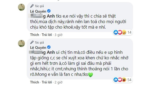 Trước ý kiến của P.A, ca sĩ Lệ Quyên vặn ngược: "Nếu em up hình tập giống chị, chị sẽ chỉ xuýt xoa khen chứ không nhắc nhở gì em hết trơn, có làm gì sai đâu mà phải nhắc".