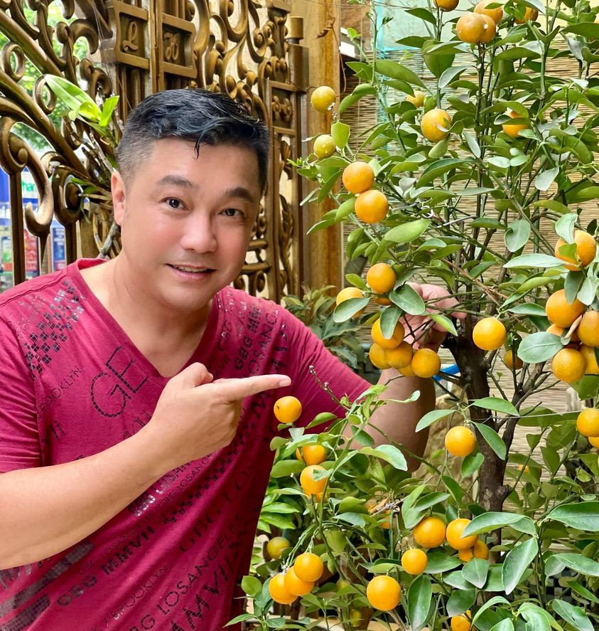 Nghệ sĩ Lý Hùng hào hứng khi cây quất bất ngờ cho trái vào mùa hè - nguồn vitamin C tự nhiên của gia đình anh.