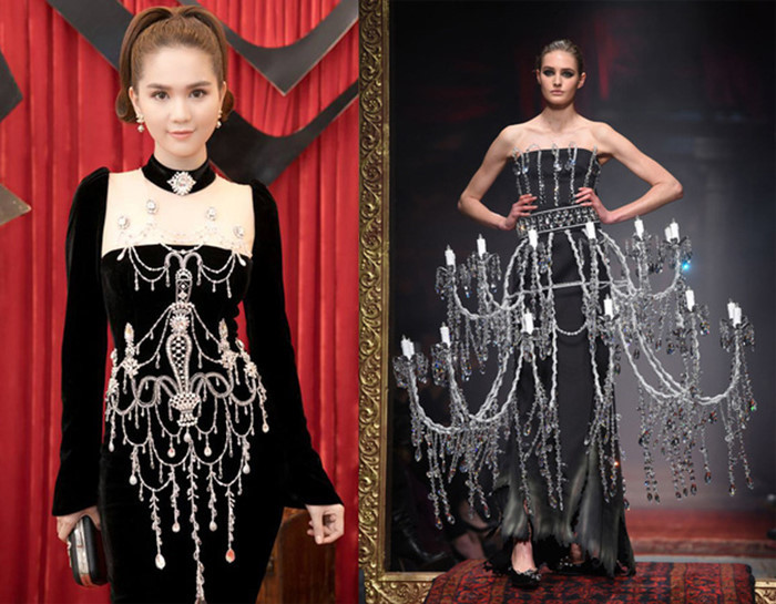 Một thiết kế đạo nhái đầm Moschino đến từ vị trí của Ngọc Trinh.