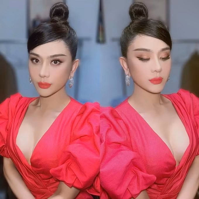 Lâm Khánh Chi điệu đà với bộ váy hồng khoét ngực sâu.