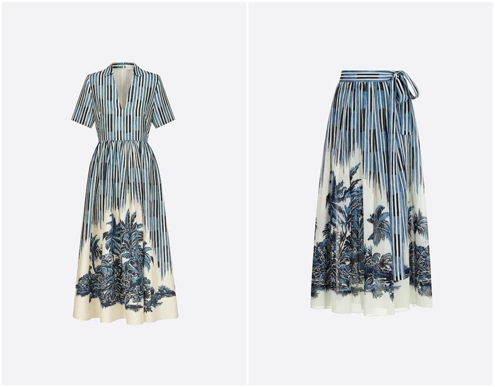 Tuy nhiên, trên trang web của hãng chỉ thấy nhà mốt cho ra mắt phần chân váy rời hoặc kiểu váy liền như ảnh trái chứ không hề có mẫu váy trễ vai như Nam mặc.