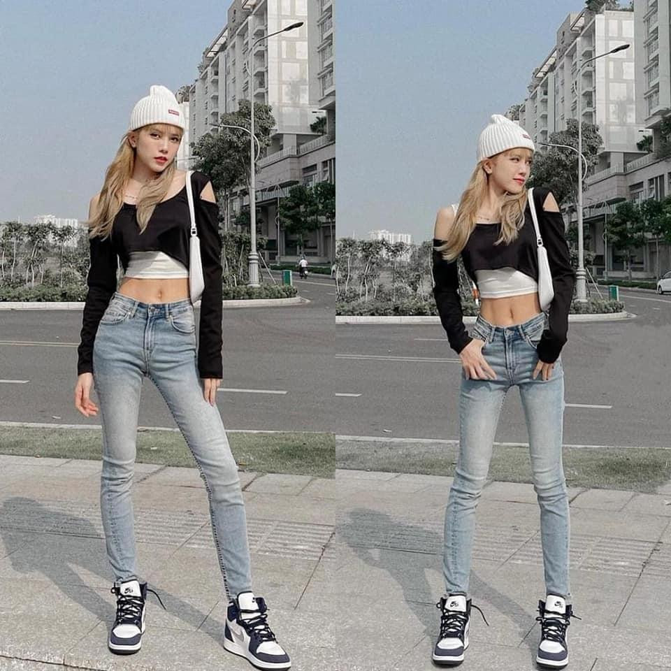 Đôi chân que củi nên khi diện những chiếc quần skinny thế này trông nữ ca sĩ Thiều Bảo Trâm càng khẳng khiu hơn.