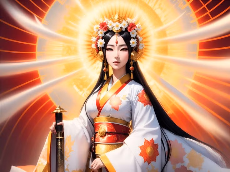  2. Ý nghĩa tên gọi. Tên của Amaterasu có nghĩa là “Người chiếu sáng trên thiên đường”, phản ánh vai trò của bà trong việc mang ánh sáng đến thế giới. Ảnh: Pinterest.
