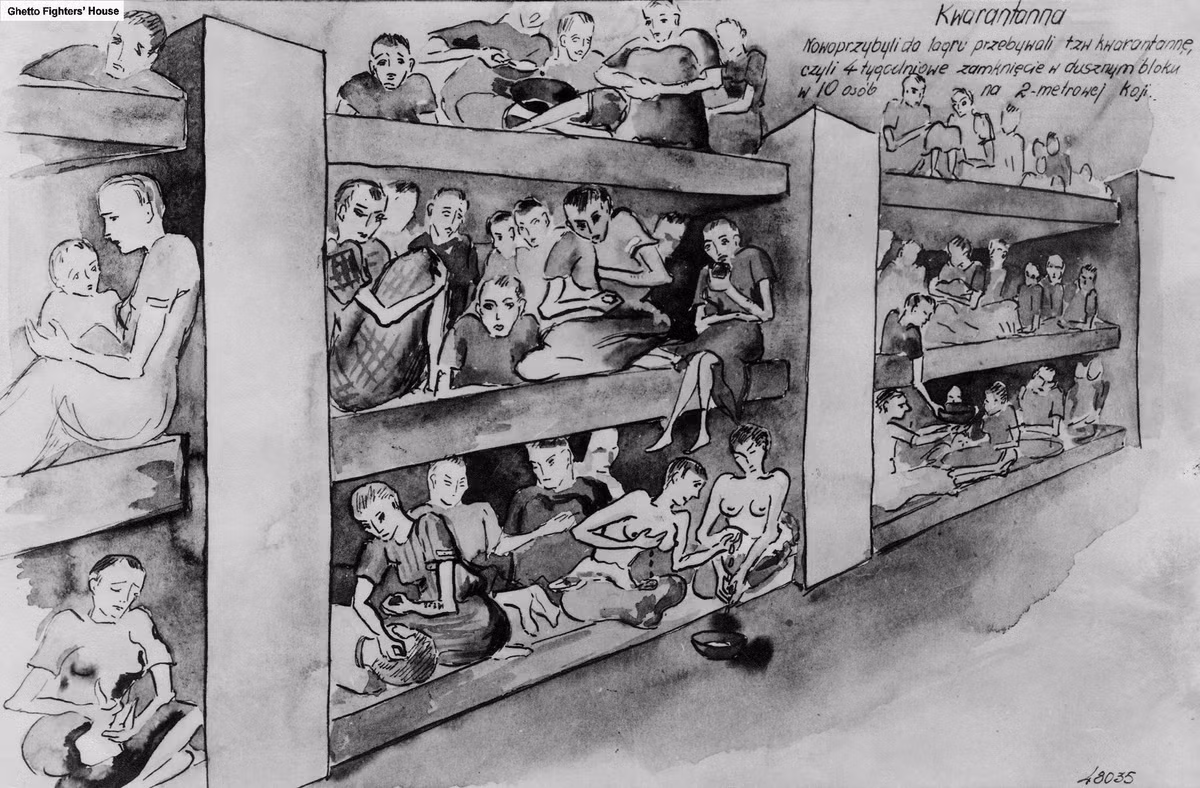  8. Sự vô nhân tính hóa. Nạn nhân bị tước đoạt hoàn toàn nhân quyền: bị đánh số, cạo tóc, lột bỏ danh tính và coi như hàng hóa. Ảnh: Pinterest.