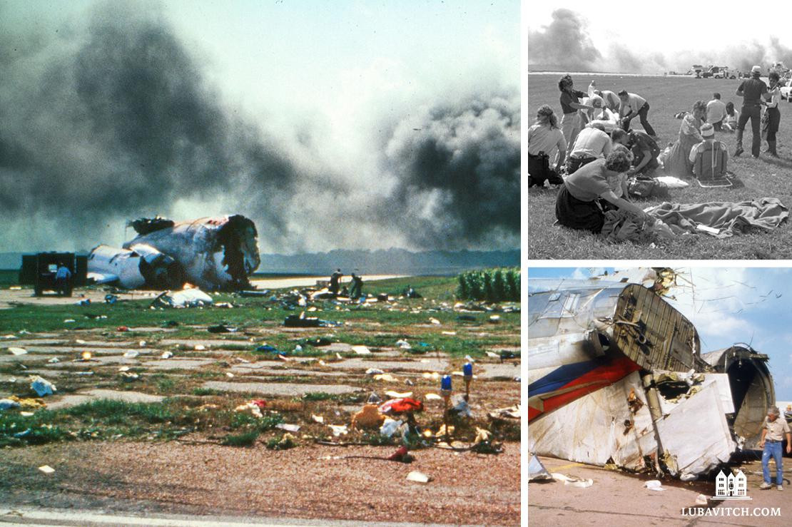  United Airlines Flight 232 (19/71989). Máy bay DC-10 mất toàn bộ hệ thống điều khiển sau khi động cơ đuôi bị lỗi. Phi hành đoàn thực hiện hạ cánh khẩn cấp tại Sioux City, Iowa, nhưng máy bay vỡ tan khi tiếp đất. Thiệt hại nhân mạng: 111 người chết. Ảnh: Lubavitch.com.