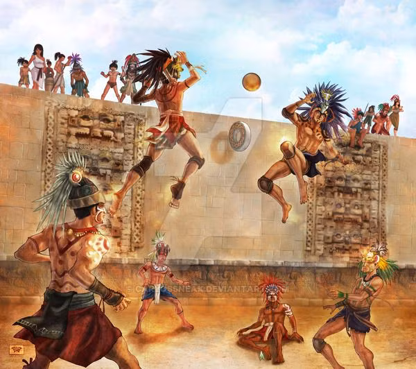  13. Trò chơi chết chóc Pok-ta-Pok. Người Maya chơi một trò chơi bóng gọi là Pok-ta-Pok, trong đó người chơi phải đưa bóng qua một vòng đá mà không dùng tay. Trò chơi này có ý nghĩa nghi lễ và đôi khi dẫn đến hiến tế người thua. Ảnh: Pinterest.