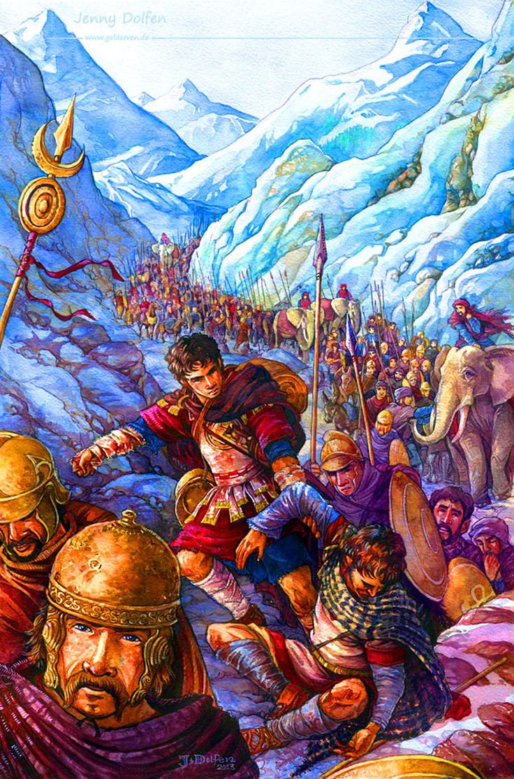  5. Hành trình băng giá. Quân đội của Hannibal phải đối mặt với tuyết dày, giá lạnh, và mưa lớn khi vượt qua các đèo cao của dãy Alps, khiến nhiều binh lính và động vật chết vì kiệt sức và thời tiết. Ảnh: Pinterest.