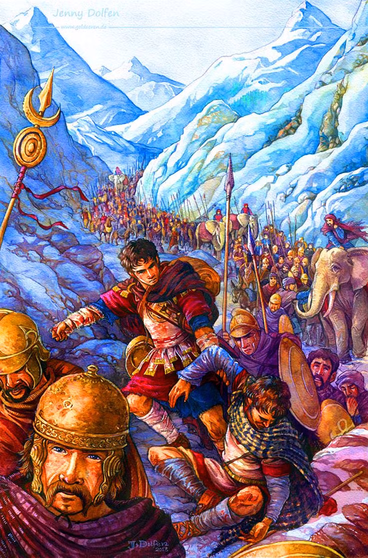  5. Hành trình băng giá. Quân đội của Hannibal phải đối mặt với tuyết dày, giá lạnh, và mưa lớn khi vượt qua các đèo cao của dãy Alps, khiến nhiều binh lính và động vật chết vì kiệt sức và thời tiết. Ảnh: Pinterest.