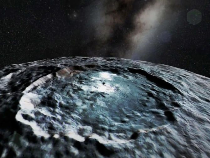  9. Các điểm sáng bí ẩn. Ceres có các điểm sáng nổi tiếng tại hố Occator, được xác định là do các muối carbonate phản chiếu ánh sáng. Ảnh: Pinterest.