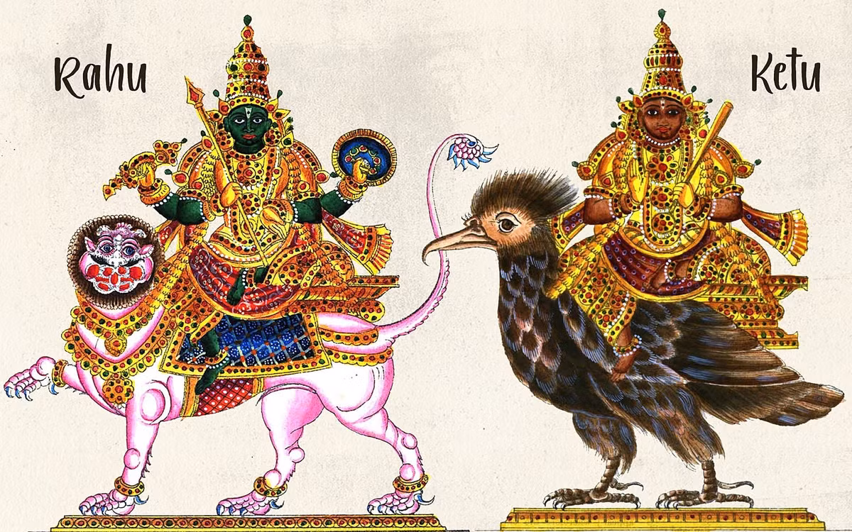  Rahu và Ketu – điểm giao nhau của Mặt Trăng. Rahu và Ketu không phải là hành tinh thực, mà là các điểm nút giao giữa quỹ đạo Mặt Trăng và Mặt Trời, tượng trưng cho nghiệp chướng và giải thoát trong Jyotish. Ảnh: Pinterest.