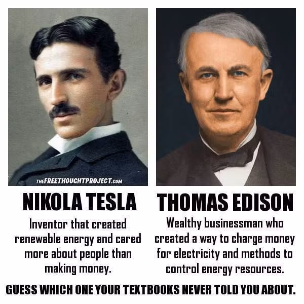  7. Từng làm việc cho Thomas Edison. Tesla bắt đầu sự nghiệp tại Mỹ bằng cách làm việc cho Edison. Tuy nhiên, hai người có mâu thuẫn lớn về dòng điện xoay chiều (Tesla) và dòng điện một chiều (Edison). Ảnh: Pinterest.