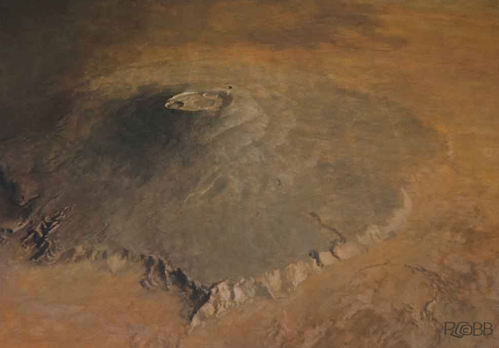  Thách thức leo núi: Giả sử Olympus Mons nằm ở Trái Đất, bạn sẽ cần di chuyển một khoảng cách rất dài trên các sườn thoải để đến được đỉnh núi. Áp suất thấp, sự băng giá và thiếu oxy sẽ làm cho việc này trở nên gần như không thể. Ảnh: Pinterest.