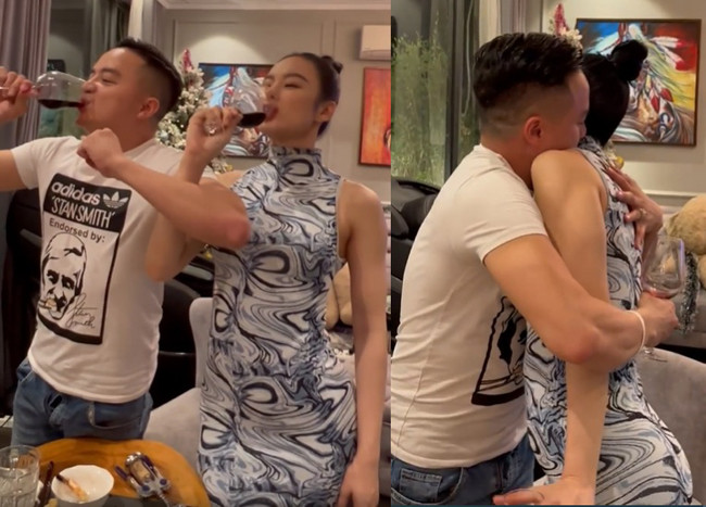 Trong clip cả hai cùng nâng ly tình ái, Cao Thái Sơn không ngại ôm chặt Phương Trinh.